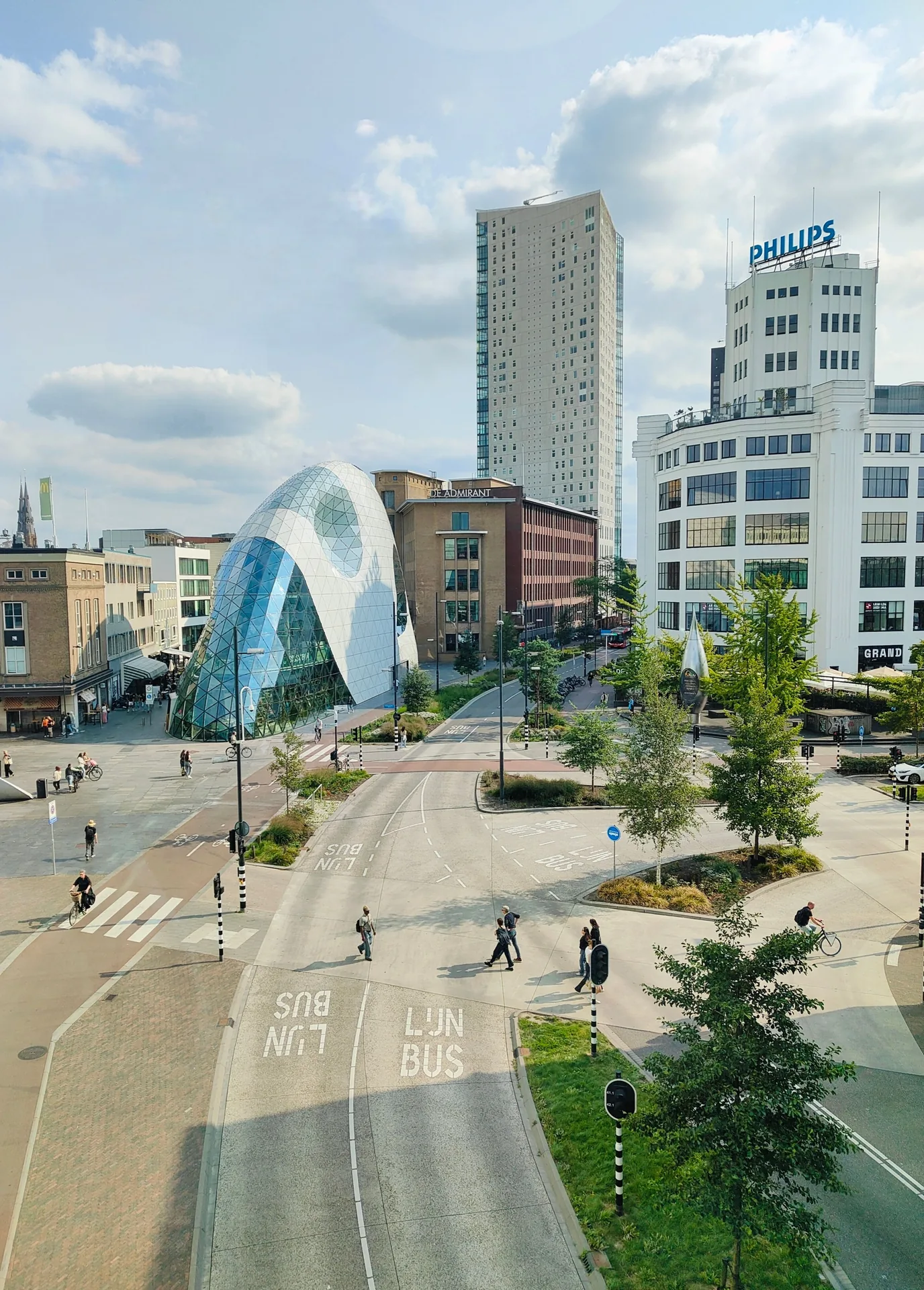 The centre of Eindhoven with the Blob building and the historic Philips tower